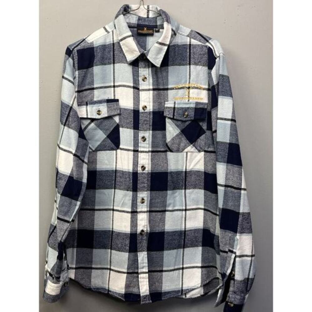 Yellowstone Dutton Ranch Flannel‎ Shirt Mens Medium Blue White Yellow Button